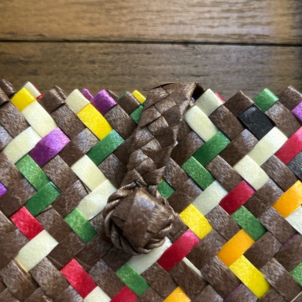 Colorful Woven Tote Bag with Pom Poms keychains made out of recycled plastic - Picture 5 of 11